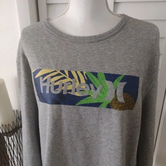 Hurley fleece‎ lined gray women's sweatshirt tropical logo long sleeve Sz L - Picture 2 of 9